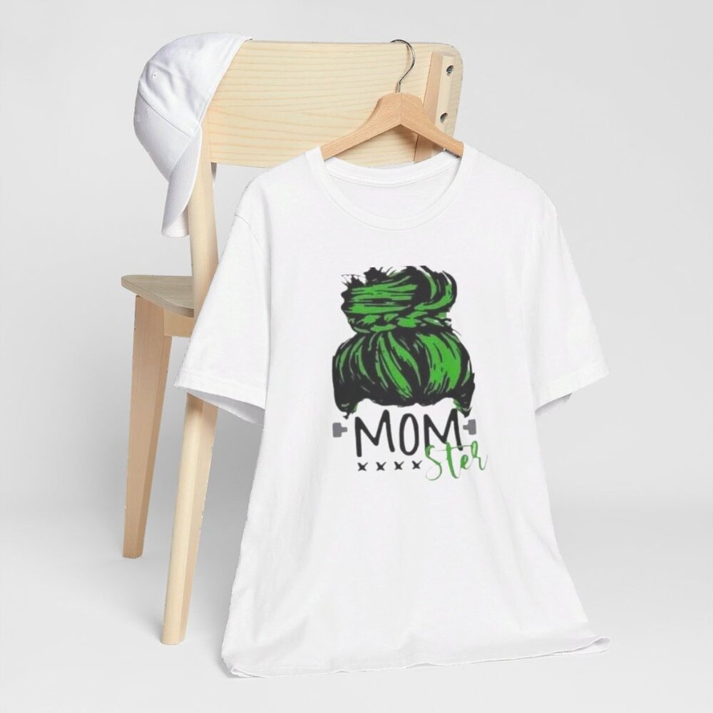Momster Halloween White Tshirt, Messy Bun, Green Hair, Spooky Short Sleeve Shirt